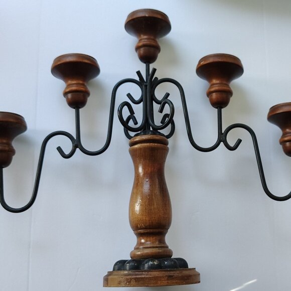 Boho Chic Candleabra Brown Wood 5 Candleholder Black Metal Casual - Picture 4 of 16